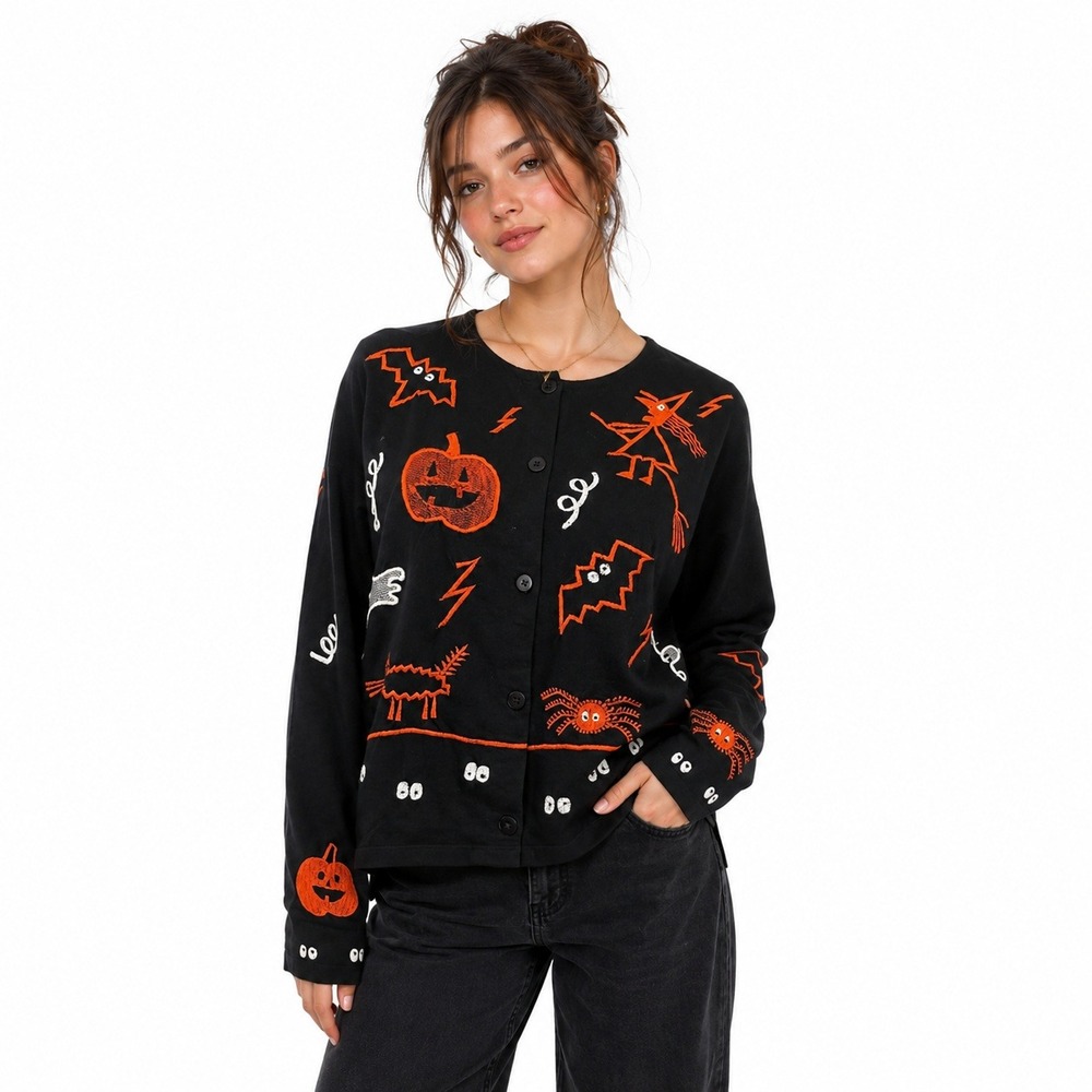 90s Michael Simon Women's Cardigan Black Halloween Embroidery Button Front Large
